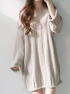 Women's Sweater Dress Jumper Dress Knit Dress Mini Dress Warm Pure Color Outdoor Home Casual Vacation V Neck Long Sleeve 2023 Loose Fit Black Burgundy Apricot One Size -HANA Luxury Wear Shop icoglg1694166170978