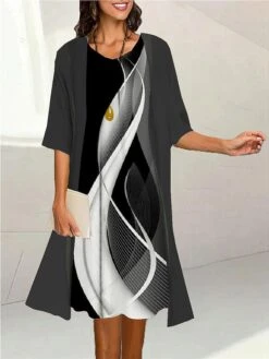 Women's Two Piece Dress Set Casual Dress Print Dress Outdoor Daily Fashion Elegant Print Midi Dress Crew Neck 3/4 Length Sleeve Ombre Marble Print Loose Fit Black Light Green Pink Summer Spring S M L -HANA Luxury Wear Shop idcter1690171185924