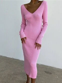 Women's Sweater Dress Jumper Dress Casual Dress Midi Dress Fashion Pure Color Outdoor Vacation Going Out V Neck Long Sleeve 2023 Regular Fit Black Pink Blue S M L -HANA Luxury Wear Shop idecyk1697538590341