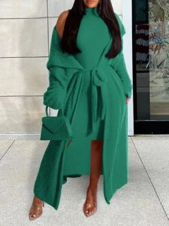 Women's Two Piece Dress Set Casual Dress Sheath Dress Daily Going Out Fashion Streetwear Lace Up Midi Dress Stand Collar Long Sleeve Plain Slim Black Yellow Wine Fall Winter S M L XL XXL -HANA Luxury Wear Shop idkldm1693295533999