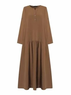 Women's Casual Dress Cotton Linen Dress Black Dress Maxi Long Dress Cotton Blend Basic Casual Outdoor Daily V Neck Button Pocket Long Sleeve Summer Spring Fall 2023 Loose Fit ArmyGreen Navy Blue Khaki -HANA Luxury Wear Shop ieibhf1678778567708