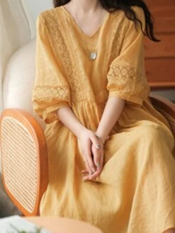 Women's Casual Dress Cotton Linen Dress Swing Dress Midi Dress Cotton Blend Basic Casual Outdoor Daily V Neck Ruched 3/4 Length Sleeve Summer Spring 2023 Loose Fit Black White Yellow Pure Color M L -HANA Luxury Wear Shop igpyin1677135417758