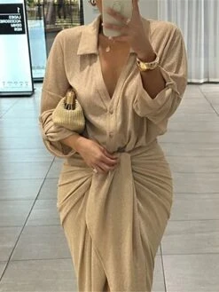 Women's Two Piece Dress Set Party Dress Skirt Set Party Wedding Guest Fashion Party Ruched Long Dress Maxi Dress Shirt Collar Long Sleeve Plain Regular Fit Khaki Fall Winter S M L XL -HANA Luxury Wear Shop igvwub1694596108222