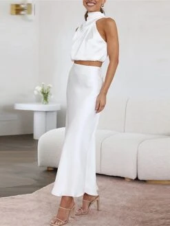 Women's Two Piece Dress Set Casual Dress Skirt Set Daily Holiday Fashion Sexy Ruched Long Dress Maxi Dress Stand Collar Sleeveless Plain Regular Fit Black White Light Green Summer Spring S M L XL -HANA Luxury Wear Shop igxhfg1690857195243