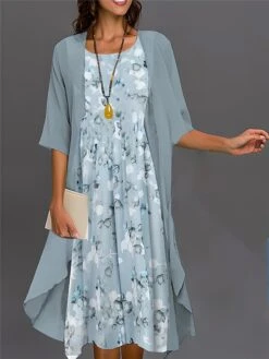 Women's Two Piece Dress Set Casual Dress Print Dress Outdoor Daily Fashion Elegant Print Midi Dress Crew Neck 3/4 Length Sleeve Floral Ombre Loose Fit Pink Dark Pink Blue Summer Spring S M L XL XXL