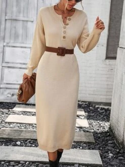 Women's Sweater Dress Winter Dress Jumper Dress Midi Dress Button Daily Date Going Out Fashion Basic Crew Neck Long Sleeve 2023 Loose Fit Black White Purple Color S M L XL Size -HANA Luxury Wear Shop ihtxma1691991583519