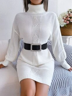 Women's Sweater Dress Winter Dress Jumper Dress Mini Dress Ruched Daily Date Going Out Active Fashion Turtleneck Long Sleeve 2023 Loose Fit White Khaki Army Green Color S M L Size -HANA Luxury Wear Shop iibffu1692863445170