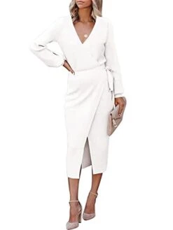 Women's Sweater Dress Jumper Dress Casual Dress Midi Dress Warm Pure Color Outdoor Casual Daily Going Out V Neck Long Sleeve Lace Up 2023 Slim Black White Green S M L XL XXL 3XL -HANA Luxury Wear Shop iilpym1695030483875