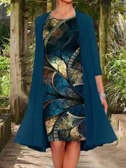 Women's Two Piece Dress Set Shift Dress Chiffon Dress Daily Going Out Casual Print Midi Dress Crew Neck 3/4 Length Sleeve Floral Regular Fit Navy Blue Light Purple Purple Summer Spring M L XL XXL XXXL