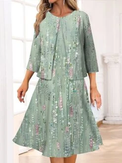 Women's Two Piece Dress Set Casual Dress Swing Dress Outdoor Office Fashion Streetwear Print Midi Dress Crew Neck 3/4 Length Sleeve Floral Regular Fit Pink Green Spring Fall S M L XL XXL