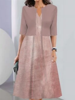 Women's Two Piece Dress Set Casual Dress Tank Dress Outdoor Daily Fashion Streetwear Pocket Print Midi Dress V Neck 3/4 Length Sleeve Stripe Regular Fit Pink Blue Sky Blue Summer Spring S M L XL XXL -HANA Luxury Wear Shop ijsfif1690441716785