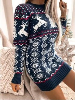 Women‘s Christmas Sweater Dress Winter Dress Sheath Dress Short Mini Dress Red Navy Blue Gray Long Sleeve Elk Snowman Snowflake Knit Fall Winter Round Neck Turtleneck Stylish Casual 2022 S M L XL XXL -HANA Luxury Wear Shop ijttog1663151838372