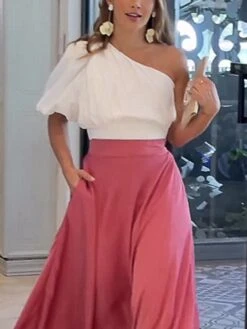 Women's Two Piece Dress Set Casual Dress Skirt Set Outdoor Date Fashion Streetwear Pocket Long Dress Maxi Dress One Shoulder Half Sleeve Plain Regular Fit Pink Summer Spring S M L XL XXL -HANA Luxury Wear Shop ikbpww1691129122976