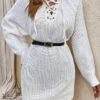 Women's Sweater Dress Winter Dress Jumper Dress Mini Dress Lace Up Outdoor Daily Going Out Fashion Streetwear Split Neck Long Sleeve 2023 Loose Fit Black White Pink Color S M L XL Size