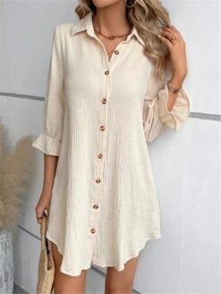 Women's Shirt Dress Casual Dress Mini Dress Outdoor Daily Vacation Cotton Linen Classic Modern Shirt Collar Ruffle Button 3/4 Length Sleeve Summer Spring 2023 Regular Fit Apricot Plain S M L XL 2XL -HANA Luxury Wear Shop ikkkjn1689824836933
