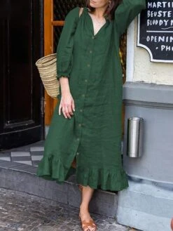 Women's Casual Dress Cotton Dress Black Dress Midi Dress Cotton Fashion Daily Outdoor Daily Vacation Stand Collar Ruffle Button 3/4 Length Sleeve Fall Autumn 2023 Loose Fit Black Wine Blue Plain S M -HANA Luxury Wear Shop ikrxxv1692947506077