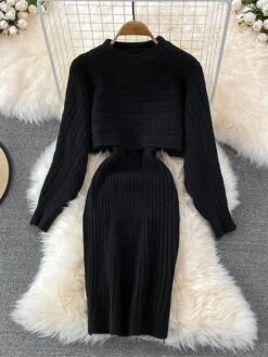 Women's Two Piece Dress Set Casual Dress Sheath Dress Outdoor Daily Fashion Streetwear Ruched Midi Dress Crew Neck Long Sleeve Plain Loose Fit Black White Wine Fall Winter One-Size -HANA Luxury Wear Shop ikytea1694057140860