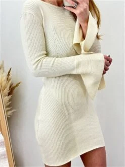 Women's Sweater Dress Jumper Dress Casual Dress Mini Dress Warm Pure Color Outdoor Casual Daily Going Out Crew Neck Long Sleeve 2023 Slim Black Apricot S M L -HANA Luxury Wear Shop ilamzk1695106682585