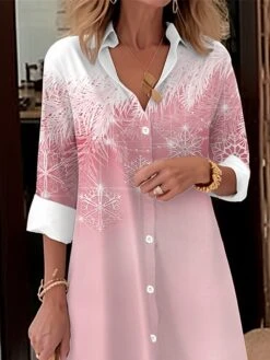 Women's Shirt Dress Casual Dress Midi Dress Outdoor Office Daily Polyester Fashion Modern Shirt Collar Button Pocket Long Sleeve Fall Winter 2023 Loose Fit Pink Blue Snowflake S M L XL 2XL -HANA Luxury Wear Shop imfwow1694427908343