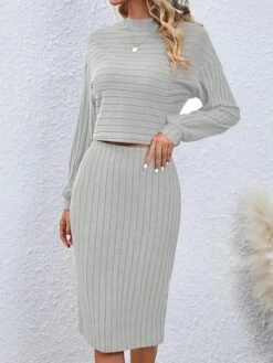 Women's Two Piece Dress Set Casual Dress Skirt Set Outdoor Daily Active Fashion Ribbed Midi Dress Turtleneck Long Sleeve Plain Loose Fit Black Wine Gray Fall Winter S M L XL XXL -HANA Luxury Wear Shop imgpcc1693294046391