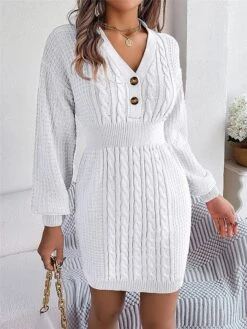 Women's Sweater Dress Winter Dress Jumper Dress Mini Dress Active Pure Color Outdoor Casual Holiday Vacation V Neck Long Sleeve Button 2023 Regular Fit White Pink Green S M L -HANA Luxury Wear Shop impccm1696926549016