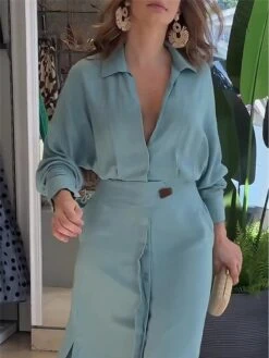 Women's Shirt Dress Casual Dress Sheath Dress Maxi Long Dress Outdoor Office Daily Polyester Fashion Modern Shirt Collar Button Long Sleeve Summer Spring Fall 2023 Loose Fit White Pink Blue Plain S M -HANA Luxury Wear Shop inwpha1683716777710