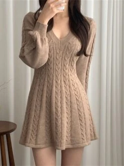 Women's Sweater Dress Jumper Dress Casual Dress Mini Dress Fashion Pure Color Outdoor Daily Going Out V Neck Long Sleeve 2023 Regular Fit Black Pink Khaki One Size -HANA Luxury Wear Shop iogvij1695805290334