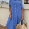 Women's Casual Dress Cotton Linen Dress Shift Dress Midi Dress Bamboo Fashion Basic Outdoor Daily Vacation V Neck Basic Half Sleeve Summer Spring 2023 Loose Fit Blue Plain S M L XL 2XL -HANA Luxury Wear Shop iojnga1684406356853