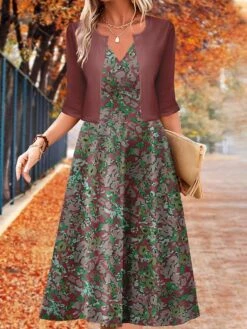 Women's Two Piece Dress Set Casual Dress Swing Dress Outdoor Daily Fashion Elegant Print Midi Dress V Neck Half Sleeve Floral Regular Fit Blue Purple Fuchsia Fall Winter S M L XL XXL -HANA Luxury Wear Shop iozaso1697782813561