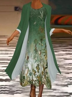 Women's Two Piece Dress Set Casual Dress Print Dress Daily Holiday Fashion Modern Print Long Dress Maxi Dress Crew Neck Long Sleeve Floral Marble Print Regular Fit Sky Blue Dark Green Green Summer -HANA Luxury Wear Shop ipbuji1694511589846