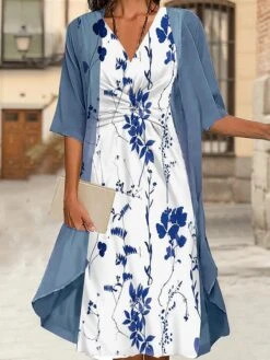Women's Two Piece Dress Set Casual Dress Chiffon Dress Outdoor Daily Fashion Streetwear Knot Front Print Midi Dress V Neck 3/4 Length Sleeve Floral Regular Fit White Blue Gray Fall Winter S M L XL XXL -HANA Luxury Wear Shop ipeeet1693886043277