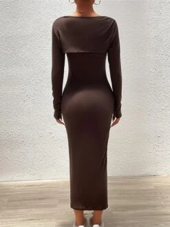 Women's Two Piece Dress Set Casual Dress Sheath Dress Outdoor Daily Fashion Streetwear Ribbed Midi Dress Square Neck Long Sleeve Plain Slim Black Blue Brown Fall Winter S M L XL -HANA Luxury Wear Shop ipqvzv1695268282109