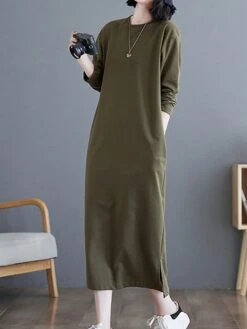 Women's Casual Dress Cotton Linen Dress T Shirt Dress Tee Dress Midi Dress Polyester Basic Classic Outdoor Daily Vacation Crew Neck Pocket 3/4 Length Sleeve Fall Autumn 2023 Loose Fit ArmyGreen Black -HANA Luxury Wear Shop iptrya1693366316686