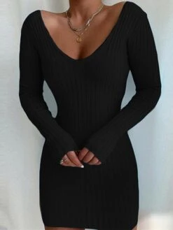 Women‘s Sweater Dress Winter Dress Bodycon Mini Dress Black White Pink Long Sleeve Pure Color Knit Fall Winter Autumn V Neck Elegant Winter Dress Fall Dress Slim 2023 S M L XL -HANA Luxury Wear Shop ipvcfi1655879739298