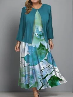 Women's Plus Size Two Piece Dress Set Casual Dress Swing Dress Outdoor Office Fashion Streetwear Print Midi Dress Crew Neck Long Sleeve Leaf Regular Fit Blue Brown Khaki Fall Winter L XL XXL 3XL 4XL -HANA Luxury Wear Shop iqfyms1697681150899