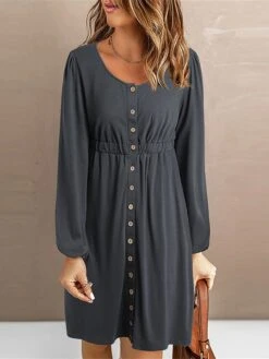 Women's Shirt Dress Casual Dress Mini Dress Outdoor Daily Vacation Polyester Fashion Modern Crew Neck Button Long Sleeve Spring Fall Winter 2023 Loose Fit Black Pink Blue Plain S M L XL 2XL -HANA Luxury Wear Shop iqlgjw1692157323255