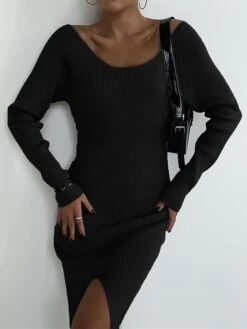 Women's Sweater Dress Winter Dress Jumper Dress Midi Dress Split Outdoor Daily Vacation Fashion Streetwear V Neck Long Sleeve 2023 Regular Fit Black White Green Color S M L Size -HANA Luxury Wear Shop iqzcek1692614178295