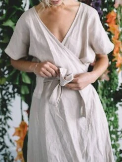 Women's Casual Dress Cotton Linen Dress Wrap Dress Midi Dress Linen / Cotton Blend Fashion Classic Style Outdoor Daily Holiday V Neck Lace Up Pocket Short Sleeve Fall Winter Autumn 2023 Loose Fit -HANA Luxury Wear Shop irhfjf1694087199394