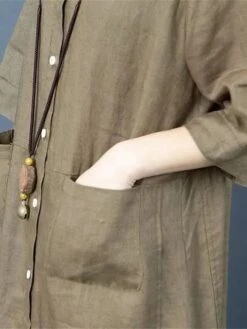 Women's Shirt Dress Casual Dress Cotton Dress Midi Dress Cotton Basic Classic Outdoor Daily Vacation Shirt Collar Button Pocket Half Sleeve Spring Fall Winter 2023 Loose Fit ArmyGreen Orange Plain S -HANA Luxury Wear Shop irkqce1692695054343