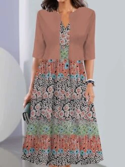 Women's Two Piece Dress Set Casual Dress Tank Dress Outdoor Daily Vintage Casual Pocket Print Midi Dress V Neck 3/4 Length Sleeve Geometric Color Block Regular Fit Black Pink Wine Summer Spring S M L -HANA Luxury Wear Shop irohnl1690441702892