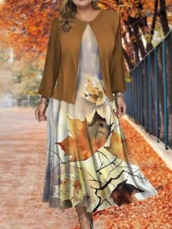 Women's Plus Size Two Piece Dress Set Casual Dress Swing Dress Outdoor Office Fashion Streetwear Print Midi Dress Crew Neck Long Sleeve Leaf Regular Fit Blue Brown Khaki Fall Winter L XL XXL 3XL 4XL -HANA Luxury Wear Shop iryuht1697785072945