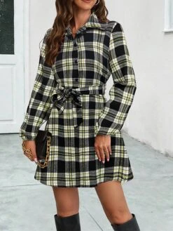 Women's Shirt Dress Casual Dress Mini Dress Outdoor Daily Date Polyester Fashion Casual Shirt Collar Lace Up Button Long Sleeve Spring Fall Winter 2023 Loose Fit Black Red Plaid S M L XL