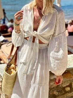 Women's Two Piece Dress Set Casual Dress Skirt Set Daily Holiday Streetwear Casual Ruched Long Dress Maxi Dress V Neck Long Sleeve Plain Regular Fit White Spring Fall S M L XL -HANA Luxury Wear Shop isbpiv1689325683239