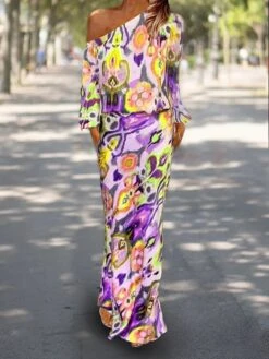 Women's Two Piece Dress Set Casual Dress Sheath Dress Outdoor Daily Fashion Streetwear Print Maxi Dress One Shoulder Long Sleeve Graphic Abstract Loose Fit Red Royal Blue Sky Blue Summer Spring S M L -HANA Luxury Wear Shop isdzgu1683543157754