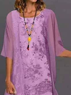 Women's Two Piece Dress Set Casual Dress Print Dress Outdoor Daily Casual Mature Mesh Print Midi Dress Crew Neck Half Sleeve Floral Regular Fit Purple Summer Spring S M L XL XXL -HANA Luxury Wear Shop isguqj1675414024987