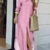 Women's Shirt Dress Casual Dress Maxi Long Dress Outdoor Daily Vacation Polyester Fashion Classic Shirt Collar Button Pocket Long Sleeve Spring Fall Winter 2023 Regular Fit Black Pink Wine Plain S M -HANA Luxury Wear Shop isgvgr1691648551127