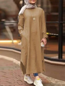 Women's Casual Dress Cotton Linen Dress Abaya Maxi Long Dress Linen / Cotton Blend Classic Casual Outdoor Daily Vacation Crew Neck Pocket Split Long Sleeve Spring Fall Winter 2023 Loose Fit ArmyGreen -HANA Luxury Wear Shop isujsr1692340968155
