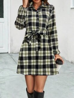 Women's Shirt Dress Casual Dress Mini Dress Outdoor Daily Date Polyester Fashion Casual Shirt Collar Lace Up Button Long Sleeve Spring Fall Winter 2023 Loose Fit Black Red Plaid S M L XL -HANA Luxury Wear Shop itahjx1697526674307