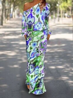 Women's Two Piece Dress Set Casual Dress Sheath Dress Outdoor Daily Fashion Streetwear Print Maxi Dress One Shoulder Long Sleeve Graphic Abstract Loose Fit Red Royal Blue Sky Blue Summer Spring S M L -HANA Luxury Wear Shop itjqce1683598976064