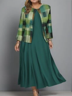 Women's Plus Size Two Piece Dress Set Casual Dress Swing Dress Outdoor Office Fashion Streetwear Print Midi Dress Crew Neck Long Sleeve Plaid Regular Fit Black Blue Brown Fall Winter L XL XXL 3XL 4XL -HANA Luxury Wear Shop itjqld1697681150333